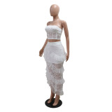 White Sleeveless Lace Tube Top Irregular Skirt Solid Color Two-Piece Set