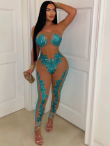 Blue Sexy Mesh See-Through Sequined Tube Top Slim Fit Jumpsuit