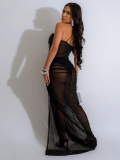 Black Sexy See-Through Mesh Solid Color High Slit Dress
