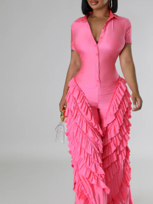 Pink Fashionable Short-Sleeved Loose Slim Fit Jumpsuit