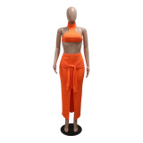 Orange Stand Collar Solid Color Waist Sleeveless Sexy Two Piece Set