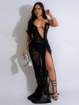Black Sexy See-Through Mesh Solid Color High Slit Dress