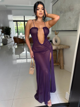 Purple Sexy See-Through Mesh Solid Color High Slit Dress