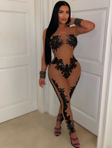 Black Sexy Mesh See-Through Sequined Tube Top Slim Fit Jumpsuit