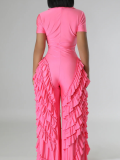 Pink Fashionable Short-Sleeved Loose Slim Fit Jumpsuit