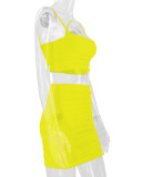 Yellow Sexy Camisole Pleated Butt-hugging Skirt Two-piece Set