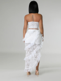 White Sleeveless Lace Tube Top Irregular Skirt Solid Color Two-Piece Set