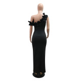 Black One-Shoulder Ruched Sexy Solid Color Dress