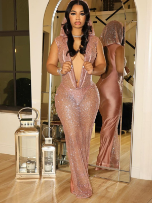 Pink Sexy Deep V See-Through Sequined Long Dress