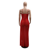 Red Sexy See-Through Mesh Solid Color High Slit Dress