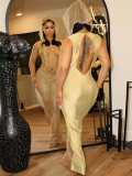 Apricot Sexy Deep V See-Through Sequined Long Dress