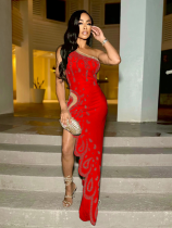Red Sloped Shoulder Irregular Solid Color Perm Diamond Bag Hip Dress