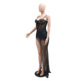 Black Strap Solid Color Permed Diamond Mesh Irregular Sexy Dress