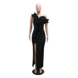 Black One-Shoulder Ruched Sexy Solid Color Dress