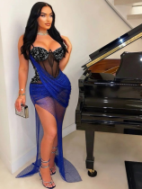 Blue Strap Solid Color Permed Diamond Mesh Irregular Sexy Dress