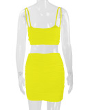 Yellow Sexy Camisole Pleated Butt-hugging Skirt Two-piece Set