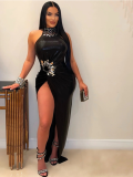 Sleeveless High Slit Solid Color Hot Diamond Dress