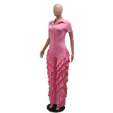 Pink Fashionable Short-Sleeved Loose Slim Fit Jumpsuit