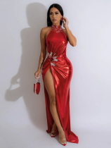 Red Sleeveless High Slit Solid Color Hot Diamond Dress