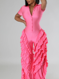 Pink Fashionable Short-Sleeved Loose Slim Fit Jumpsuit