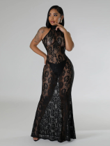 Black Fashionable Lace Backless Slim Fit Halter Bag Hip Dress