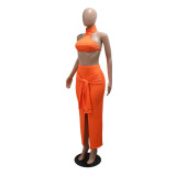 Orange Stand Collar Solid Color Waist Sleeveless Sexy Two Piece Set