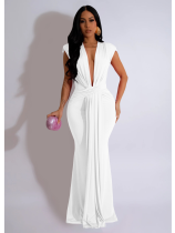 White Fashionable Women's Deep V Neck Sexy Short Sleeve Dress