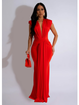 Red Fashionable Women's Deep V Neck Sexy Short Sleeve Dress