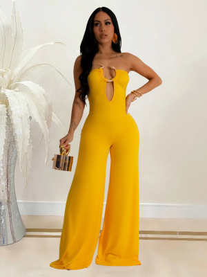 Yellow Sexy Tube Top Solid Color Fashion Jumpsuit