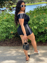 Black Fashionable Solid Color One-Line Collar Jumpsuit