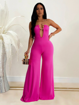 Rose Red Sexy Tube Top Solid Color Fashion Jumpsuit