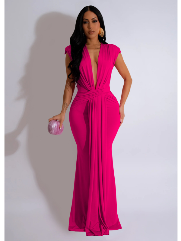 Rose Red Fashionable Women's Deep V Neck Sexy Short Sleeve Dress