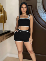 Black Sexy Patchwork Suspender Shorts Two-Piece Set