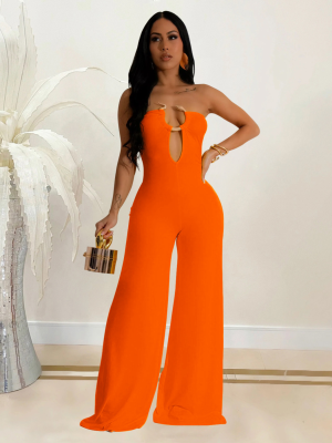 Orange Sexy Tube Top Solid Color Fashion Jumpsuit