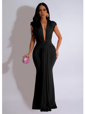 Black Fashionable Women's Deep V Neck Sexy Short Sleeve Dress