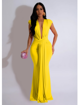 Yellow Fashionable Women's Deep V Neck Sexy Short Sleeve Dress