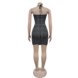 Black Fashion Women's Permed Diamond Suspender Hollow Dress