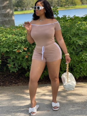 Brown Fashionable Solid Color One-Line Collar Jumpsuit