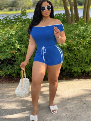 Blue Fashionable Solid Color One-Line Collar Jumpsuit
