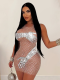 Apricot Mesh Sleeveless Perm Diamond Dress