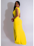 Yellow Fashionable Women's Deep V Neck Sexy Short Sleeve Dress