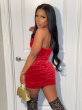 Red Sexy Halter Neck Backless Solid Color Dress