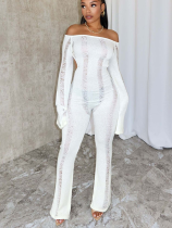White Fashionable Hollow Holed Backless Knitted Jmpsuit