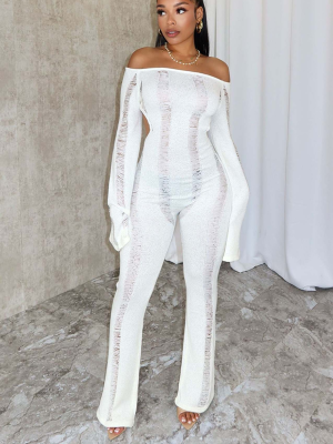 White Fashionable Hollow Holed Backless Knitted Jmpsuit