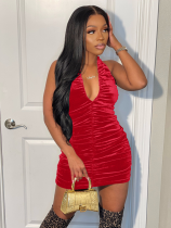 Red Sexy Halter Neck Backless Solid Color Dress