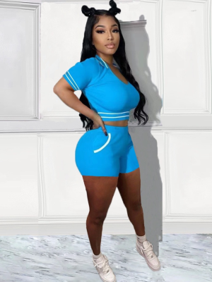 Blue Fashionable Solid Color Lapel Stitching Thread Suit