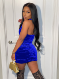 Blue Sexy Halter Neck Backless Solid Color Dress
