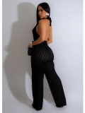 Black Solid Color Backless Deep V Halterneck Jumpsuit