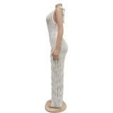 White Solid Color Backless Deep V Halterneck Jumpsuit