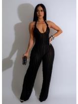 Black Solid Color Backless Deep V Halterneck Jumpsuit